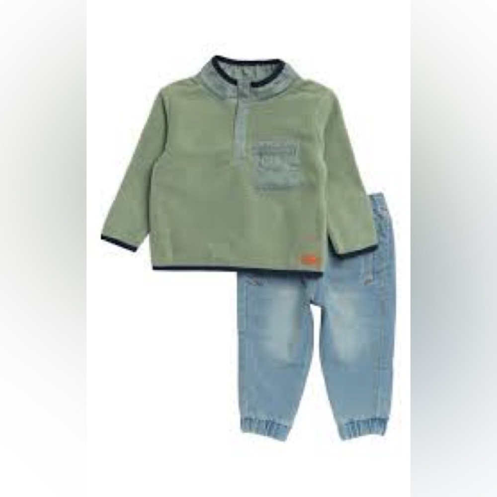 7 For All Mankind Kids Light Blue Jeans and Green Fleece Pullover - 12m